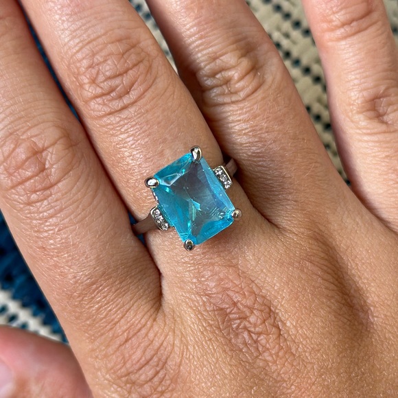 Silver 925 Plated Rectangle Aquamarine Ring - Picture 10 of 10